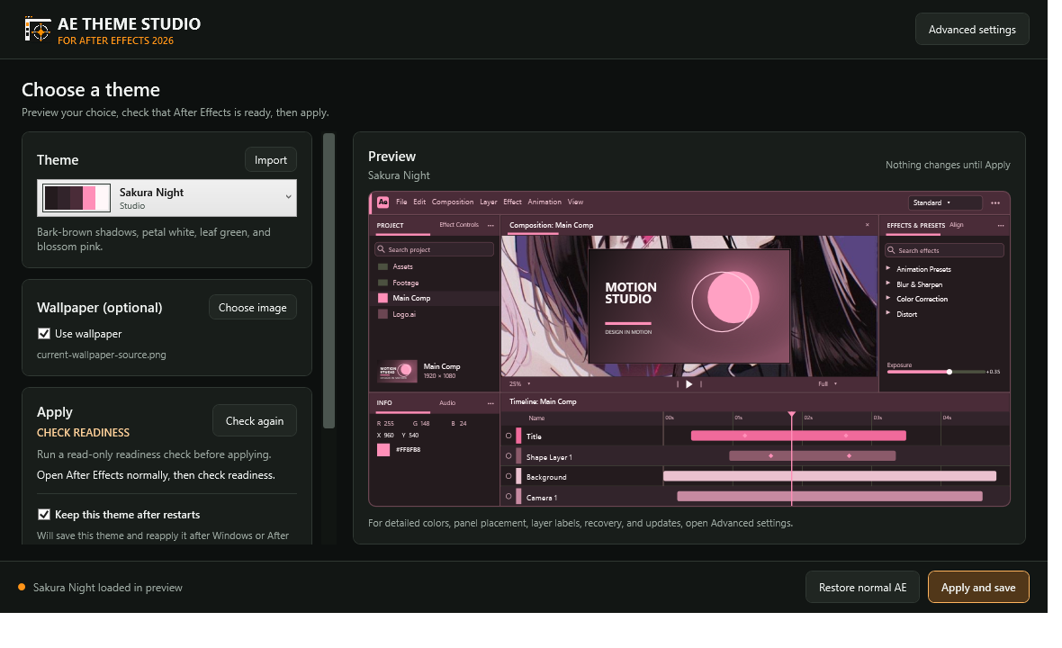 AE Theme Studio simple view showing Sakura Night theme preview and apply controls
