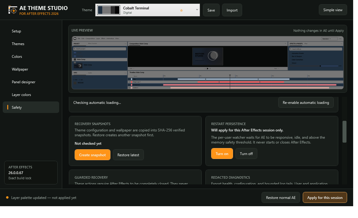 AE Theme Studio safety page showing automatic loading and recovery controls